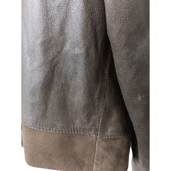 Tahari Woman 100% Leather Jacket Brown Suede Trim Open Front Pockets Boho Chic L - Picture 15 of 16